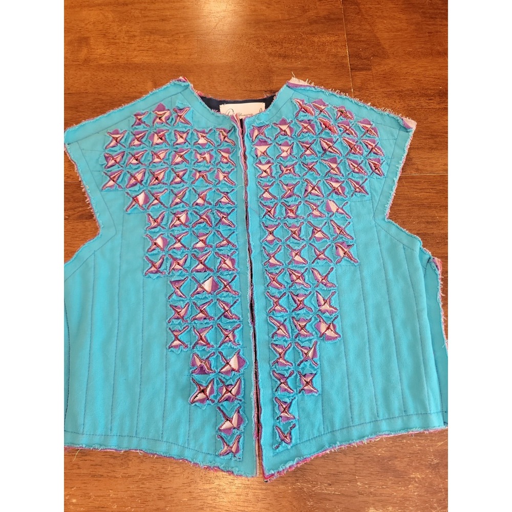 Vintage OOAK Handmade Cotton Quilted Vest Cottagecore Blue Wearable Art
